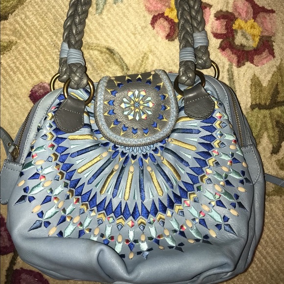 Isabella Fiore Serina Mosaic Moroccan Blue Bohemian Embroidered Satchel Hobo Bag - Picture 3 of 15